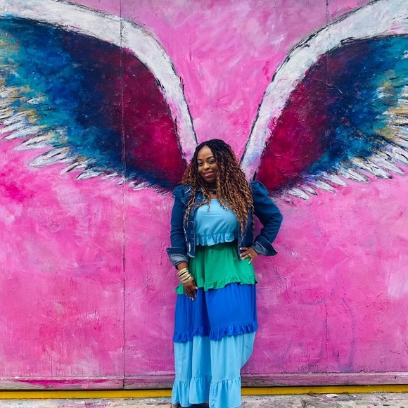 Brand New! Ivy Street Blue and  Green Tiered dress with Ties at Shoulder Size 1X - Picture 5 of 10